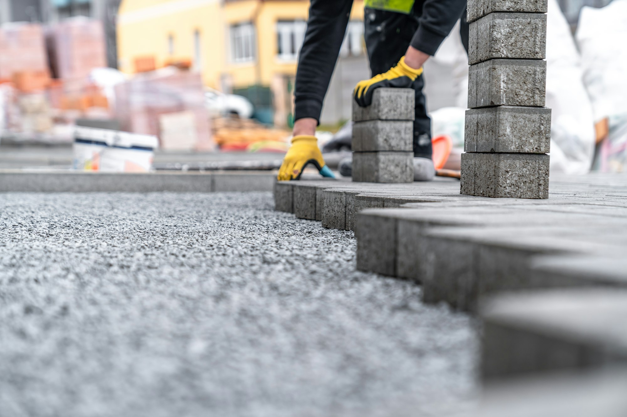 concrete block paving for the construction of a sidewalk